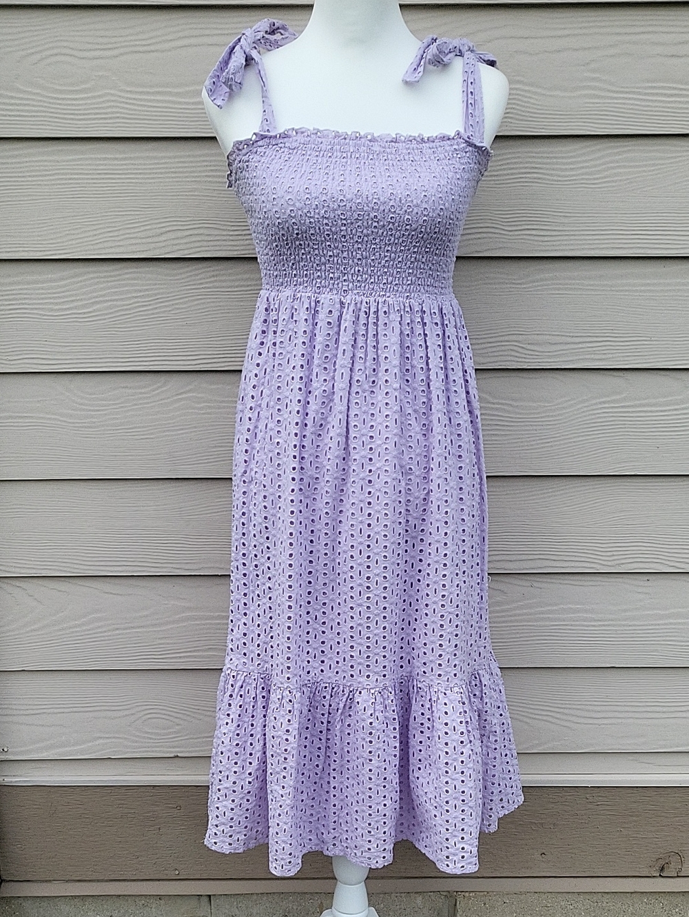 Koko & Mason Lavender Eyelet Maxi Dress Smocked Tie Straps Size Small